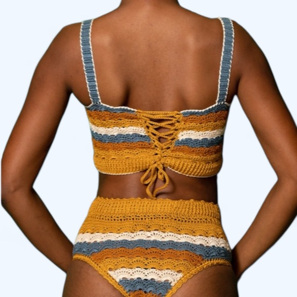 Carolina K Anthropologie Crochet Striped Sm Blue White Bandeau Tank & High Waist - Picture 3 of 15